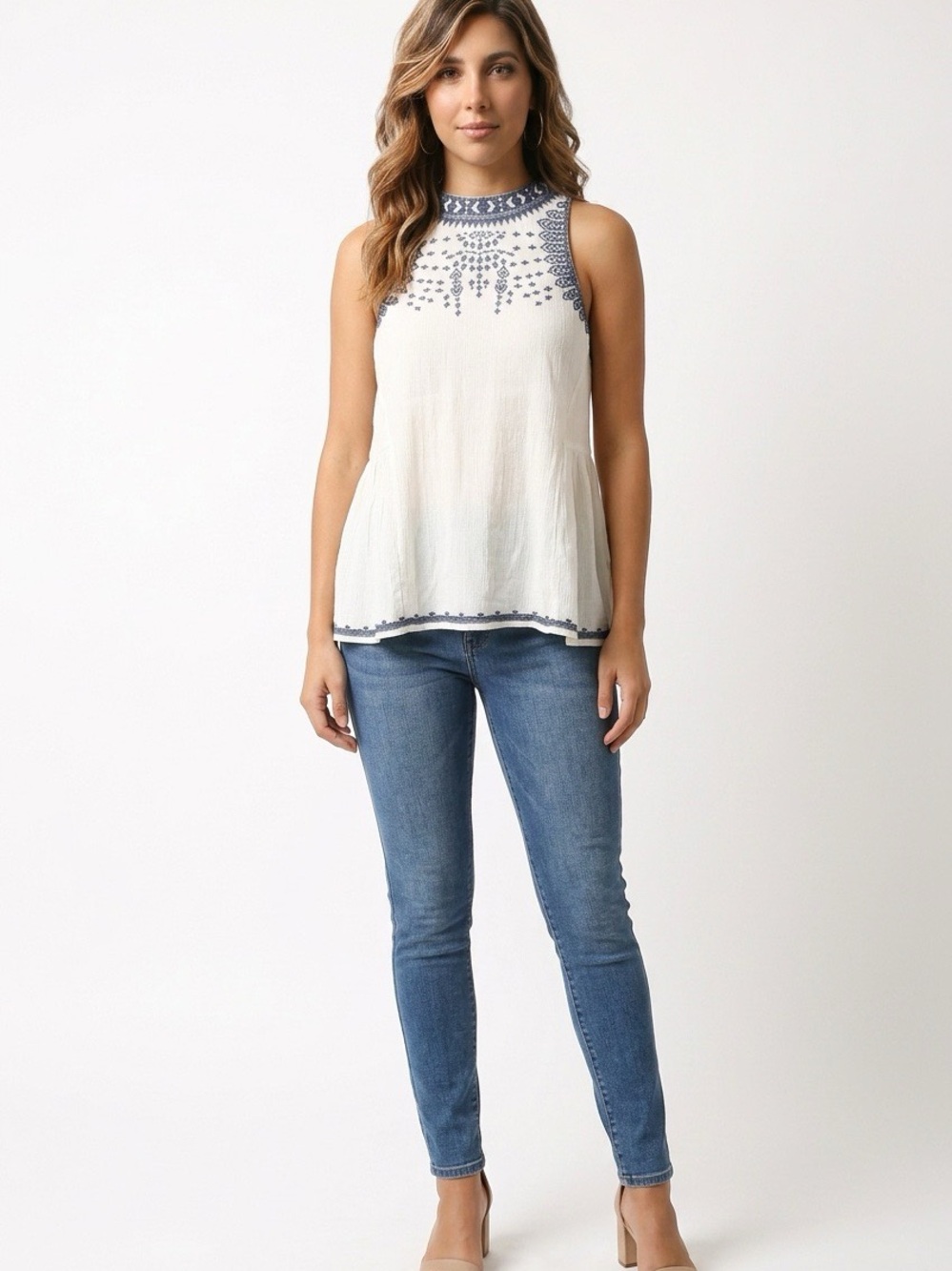 Altar'd State White Sleeveless Embroidered High-Neck Tank with Navy Detail